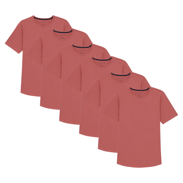 Six nantucket red crew neck t-shirts arranged in a row, each with short sleeves and ribbed neckline.