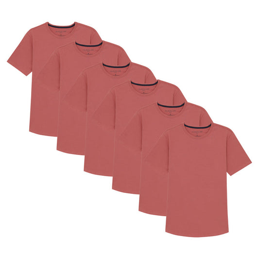 Six nantucket red crew neck t-shirts arranged in a row, each with short sleeves and ribbed neckline.