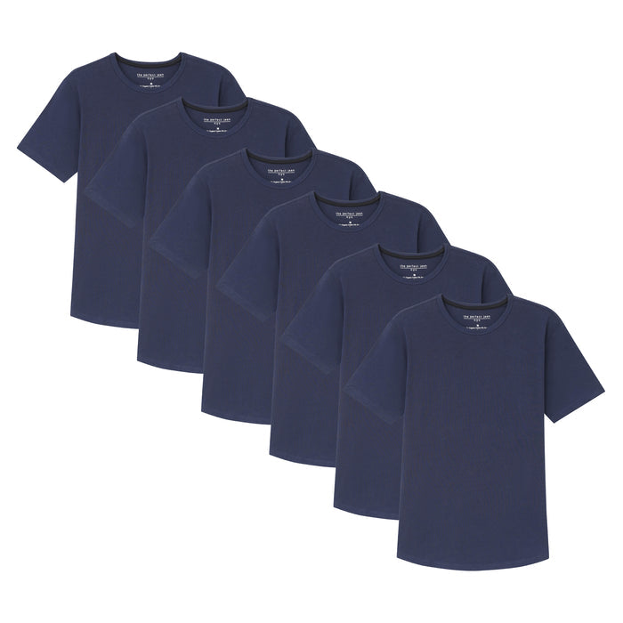 Six navy crew neck t-shirts arranged in a fanned display.