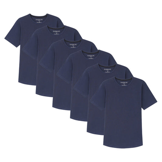 Six navy crew neck t-shirts arranged in a fanned display.