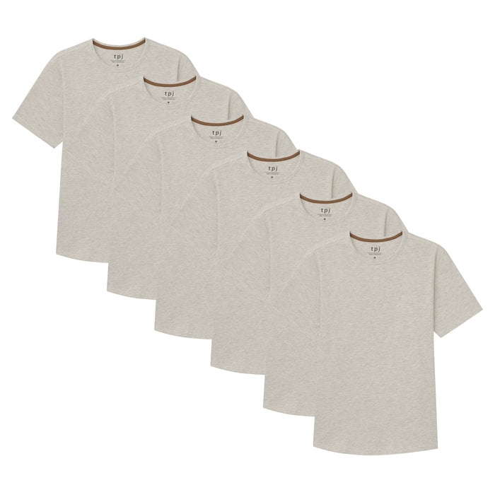 Six oatmeal heather crew neck t-shirts with brown trim displayed in increasing size order.