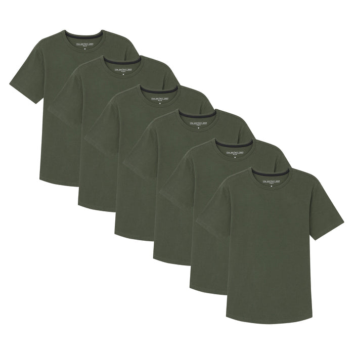 Six olive green crew neck t-shirts stacked and fanned to display the pack.