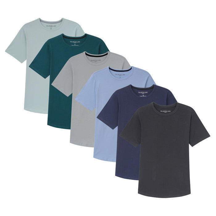 Six crew neck t-shirts in seaside, teal, gray, light blue, navy, and black.
