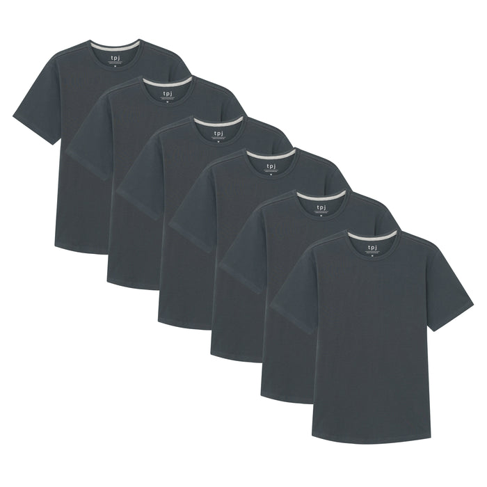 Six steel gray crew neck t-shirts with short sleeves stacked in a cascading display.