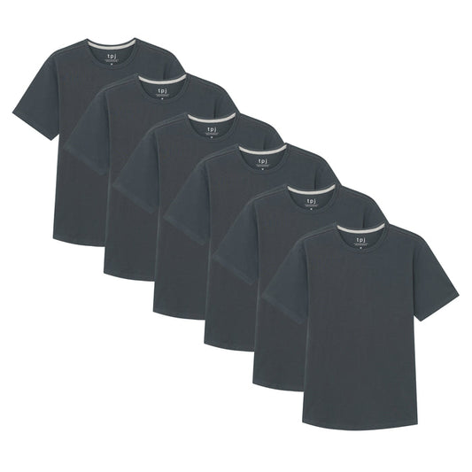 Six steel gray crew neck t-shirts with short sleeves stacked in a cascading display.