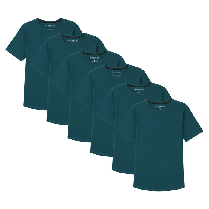 Six teal crew neck short-sleeve t-shirts stacked and fanned for display.