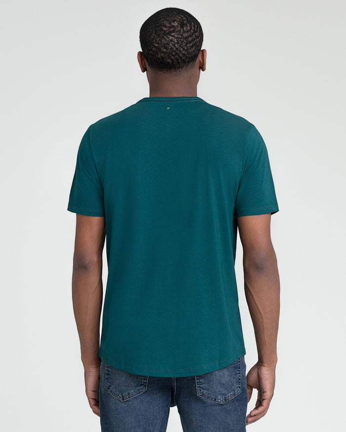 Teal crew neck t-shirt with short sleeves, shown from back on model wearing blue jeans.