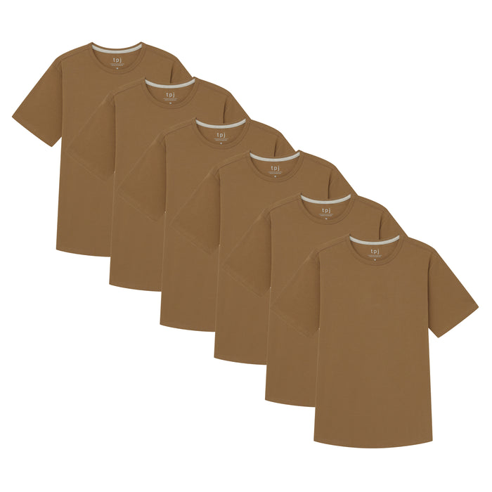 Six tobacco-colored crew neck t-shirts arranged in a row, each with short sleeves and a ribbed neckline.