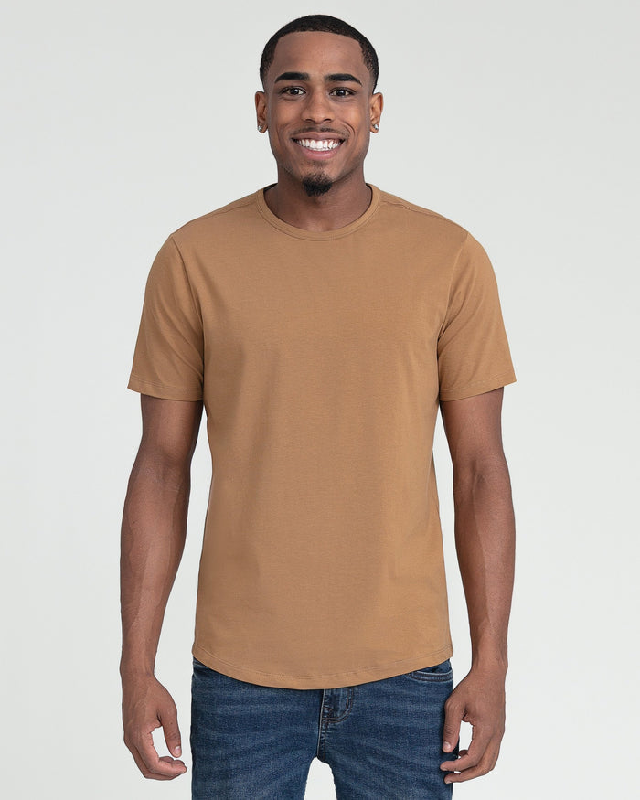 Tobacco-colored crew neck t-shirt with short sleeves displayed on a model.