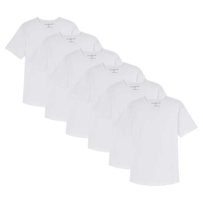 Six white crew neck t-shirts with short sleeves arranged in a cascading display.