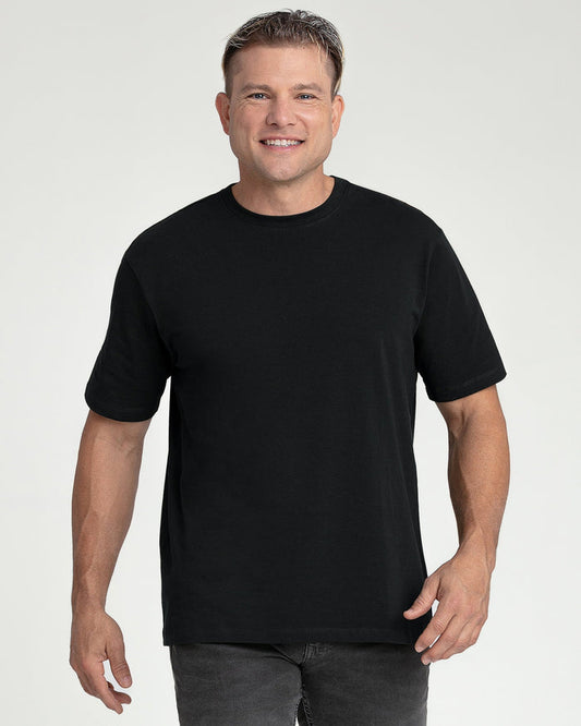 Black crew neck t-shirt with short sleeves on a man shown from the front.