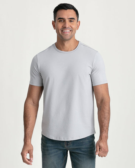 Light grey crew neck t-shirt with short sleeves on a male model wearing dark jeans.