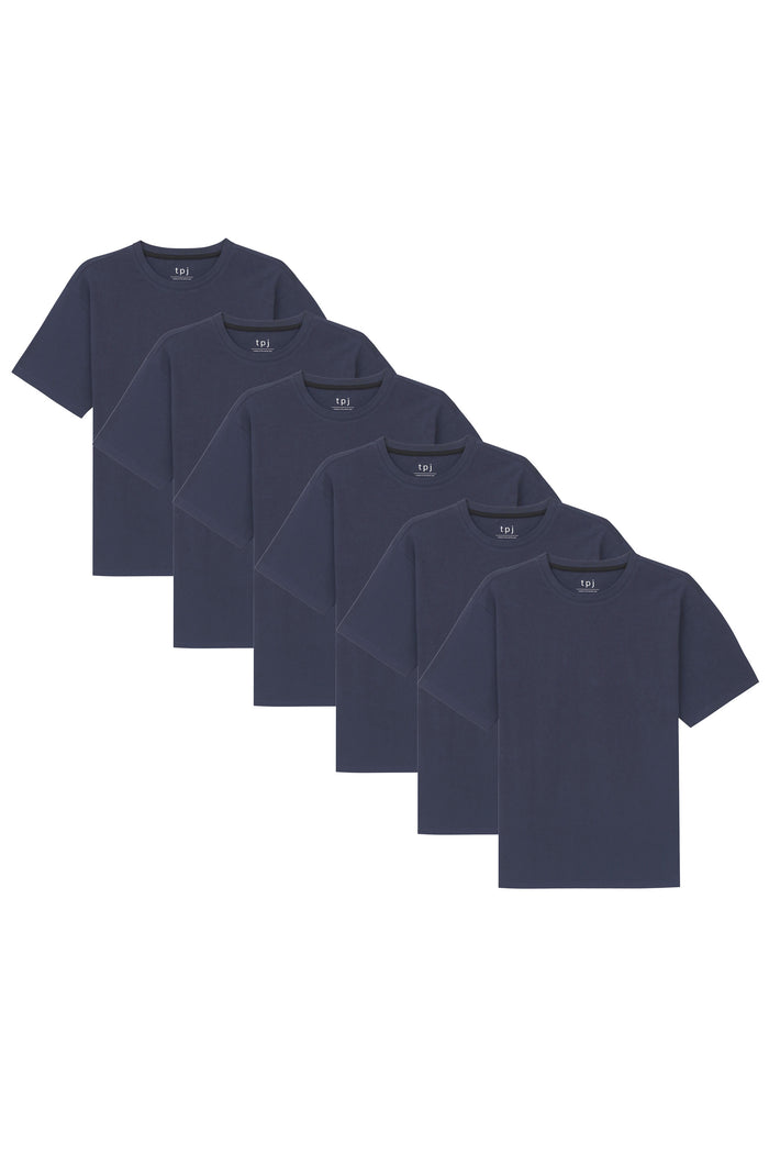 Six navy crew neck short-sleeve t-shirts displayed in a cascading arrangement.