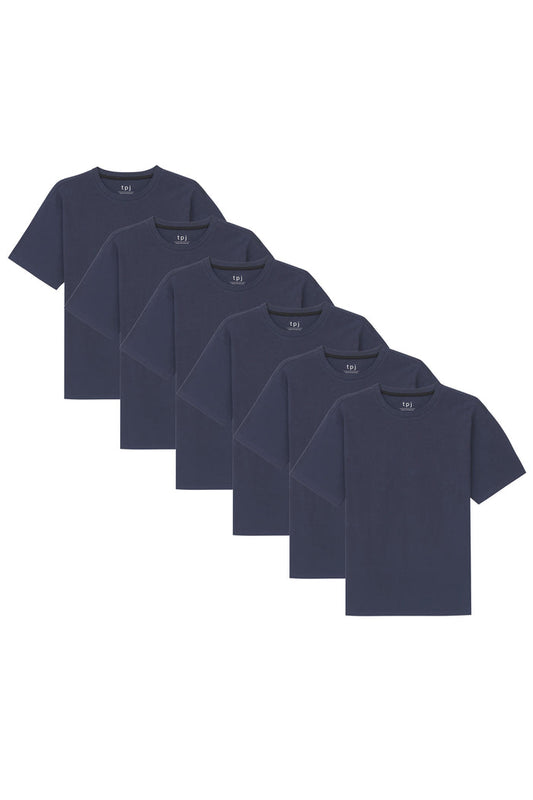 Six navy crew neck short-sleeve t-shirts displayed in a cascading arrangement.