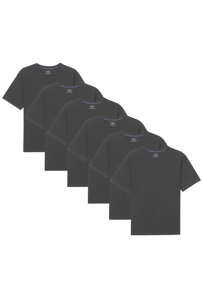 Six steel grey crew neck t-shirts with short sleeves arranged in an overlapping display.