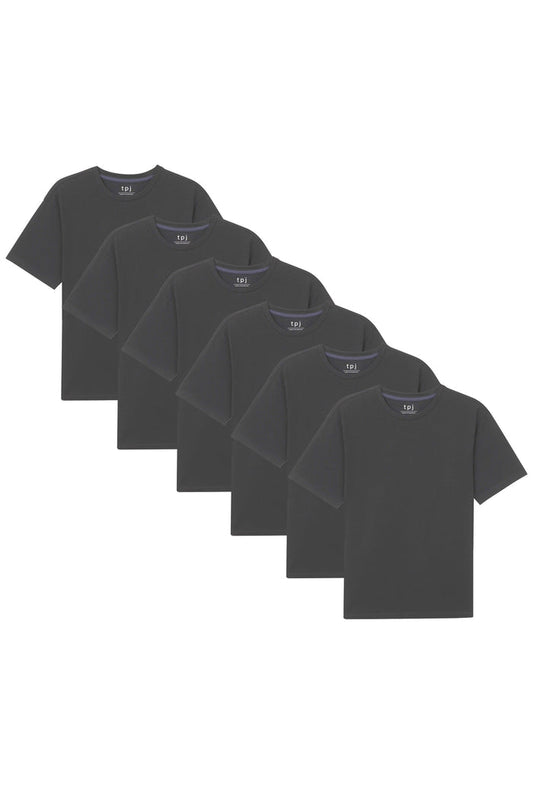 Six steel grey crew neck t-shirts with short sleeves arranged in an overlapping display.