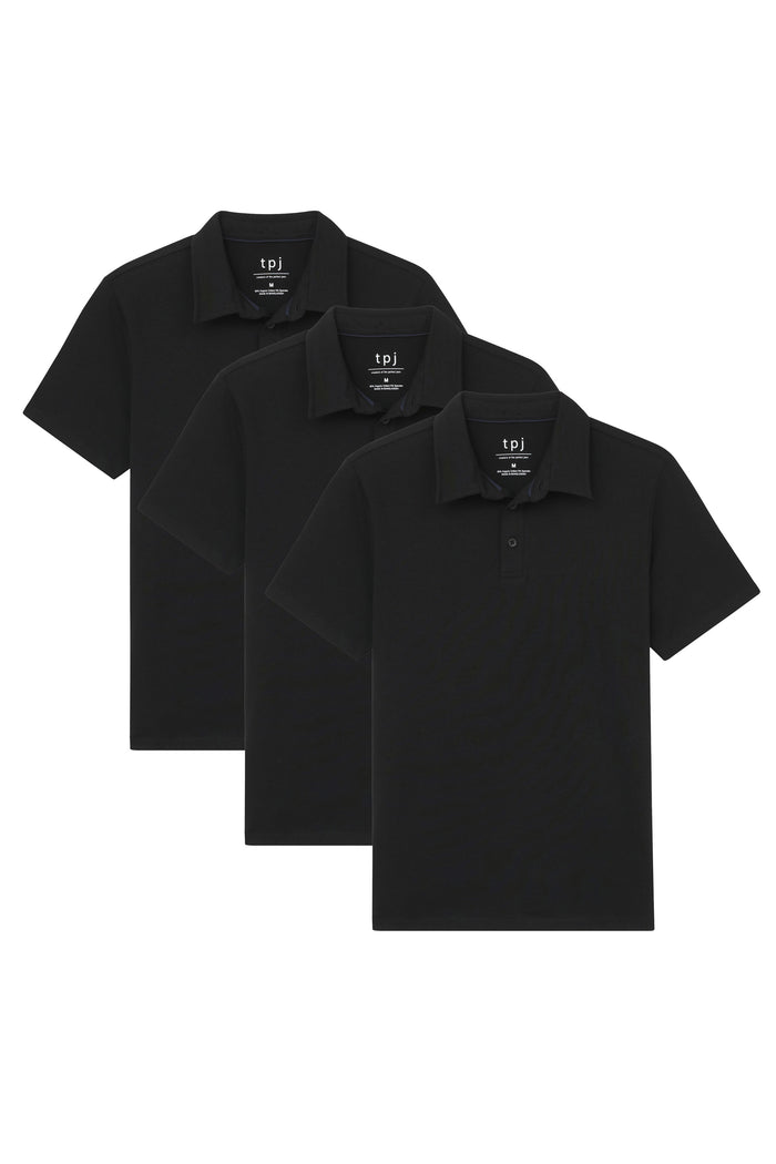 Three black polo shirts with short sleeves and collars, displayed overlapped from back to front.