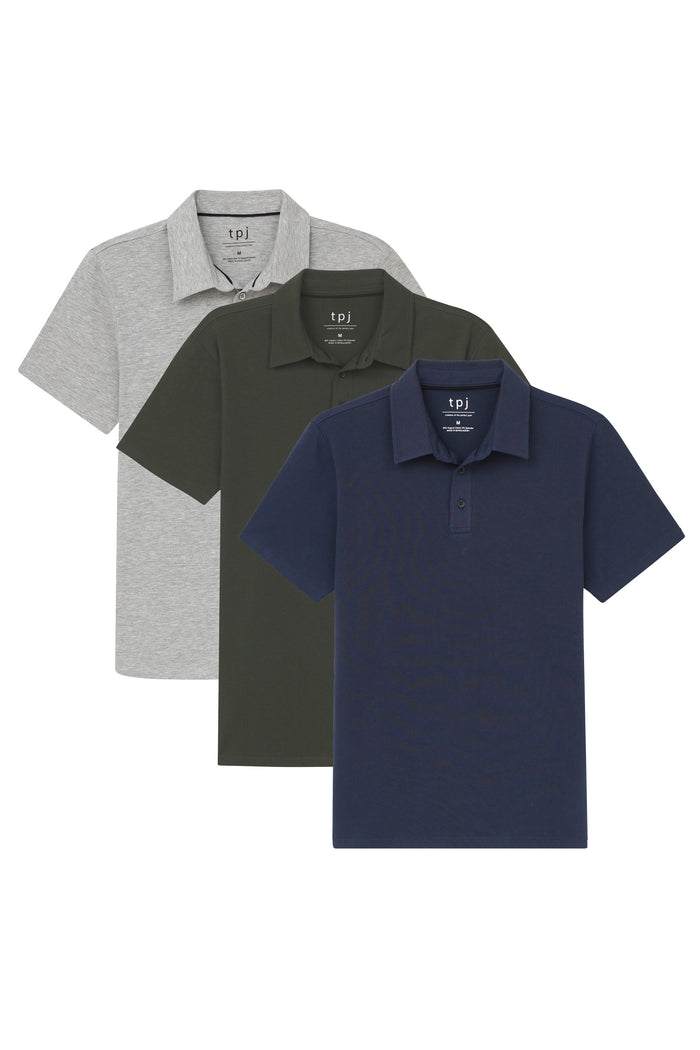 Three polo shirts in gray, olive green, and navy blue with short sleeves and collars.
