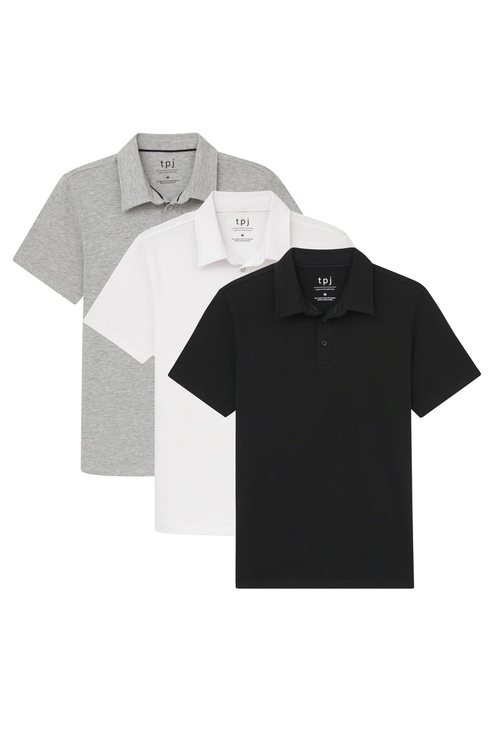 Three short-sleeve polo shirts in gray, white, and black with collars and button plackets.