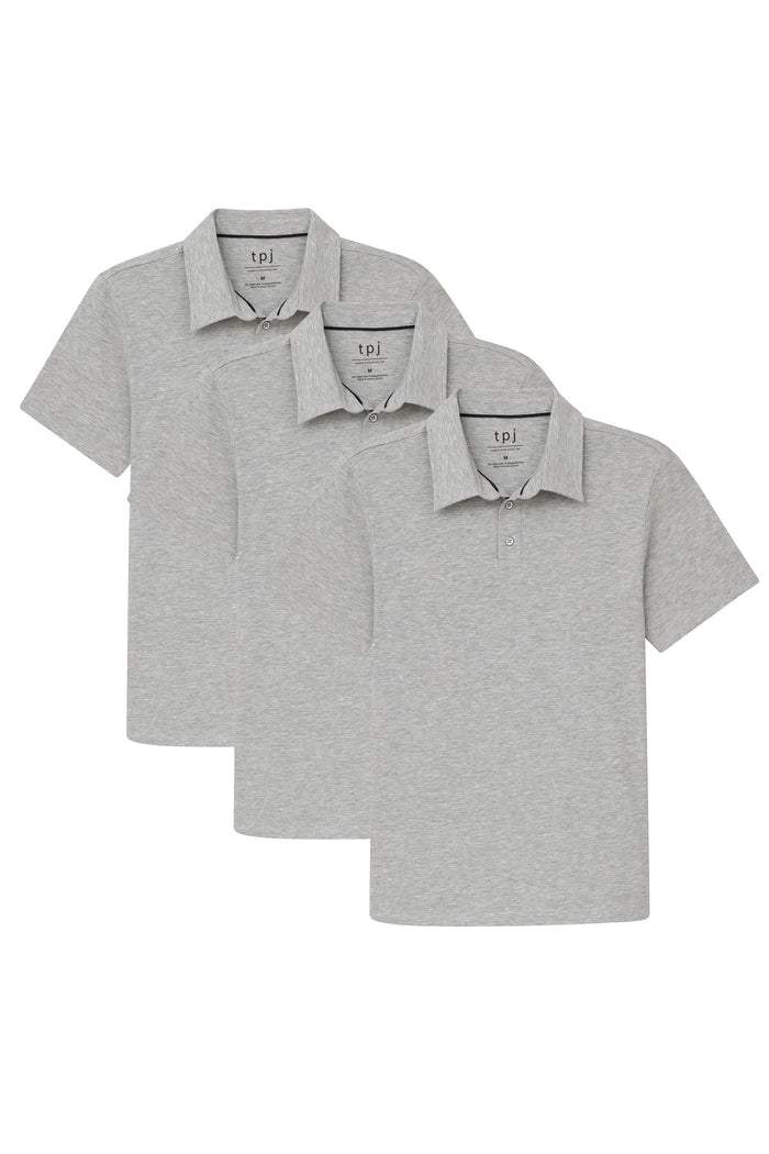 Three heather grey polo shirts with short sleeves, collars, and button plackets stacked overlapping.