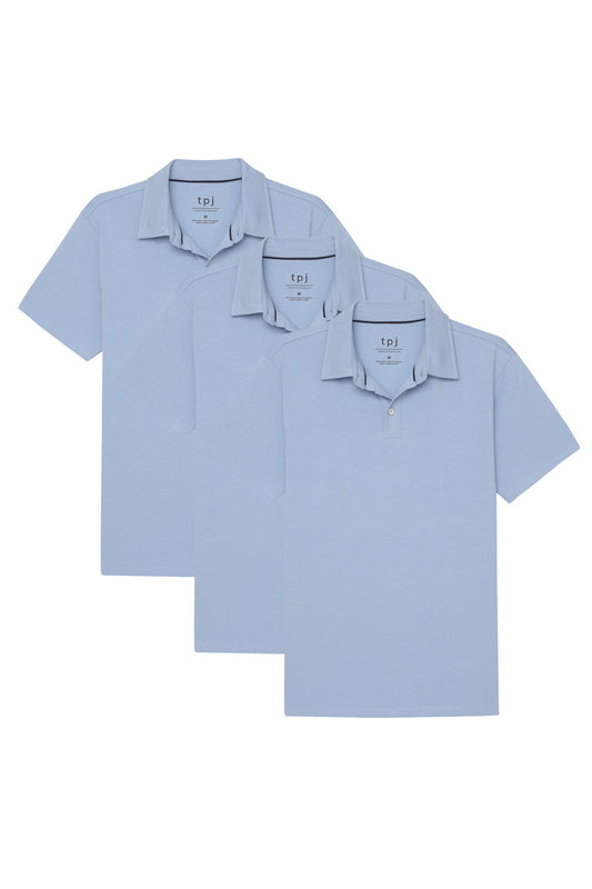 Three light blue polo shirts with collars, short sleeves, and chest pockets, displayed overlapping.