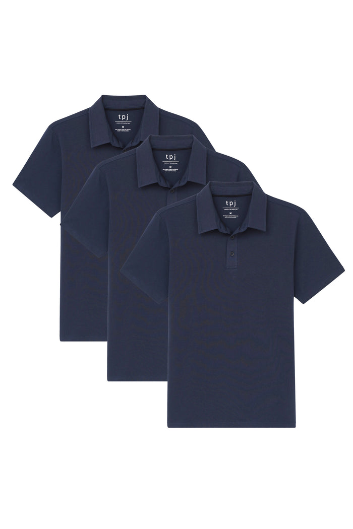 Three navy polo shirts with collar and short sleeves, displayed layered.