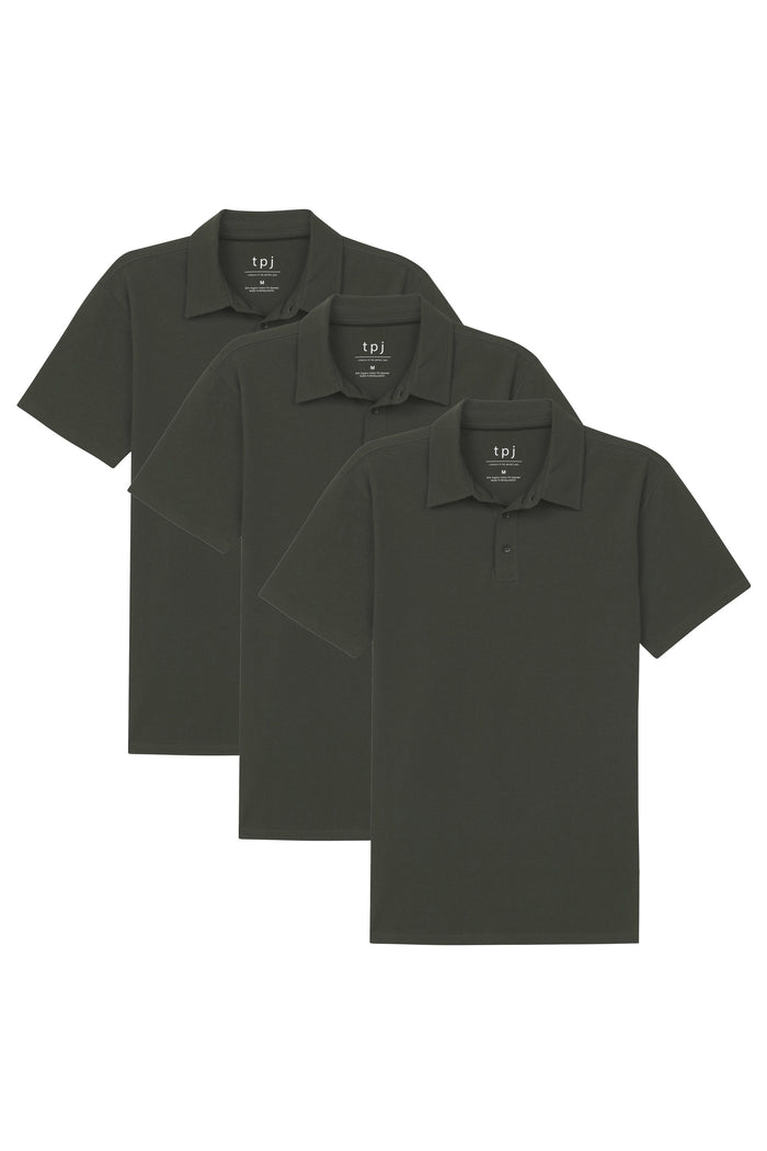 Three olive green polo shirts with short sleeves and button-front closures, displayed layered.