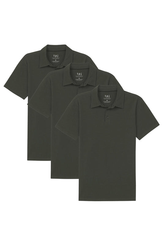 Three olive green polo shirts with short sleeves and button-front closures, displayed layered.