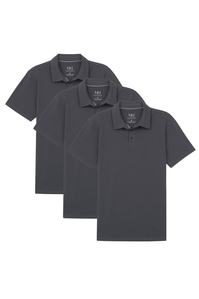 Three steel grey polo shirts with collars and button plackets displayed overlapping.