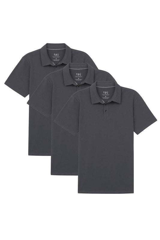 Three steel grey polo shirts with collars and button plackets displayed overlapping.