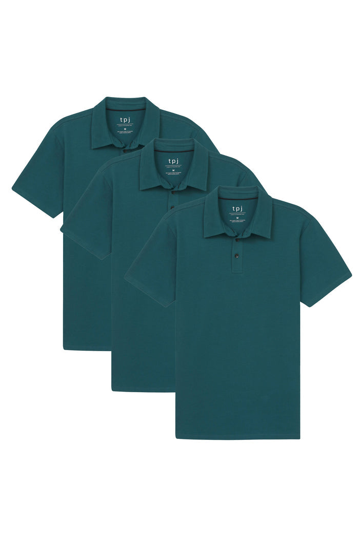 Three teal polo shirts with short sleeves, collars, and button fronts displayed overlapping.