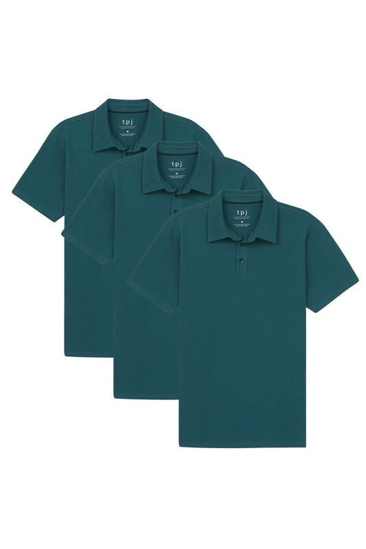 Three teal polo shirts with short sleeves, collars, and button fronts displayed overlapping.