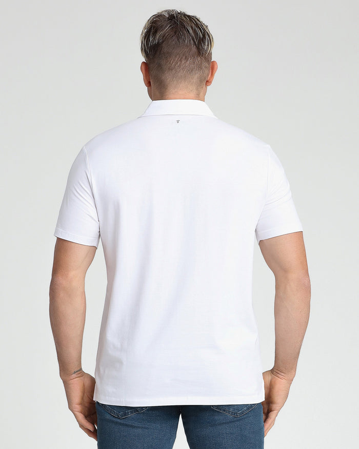 Man wearing white short-sleeve polo shirt, rear view.