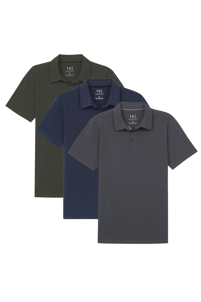 Three short-sleeve polo shirts in olive, navy, and charcoal with collars and button fronts.