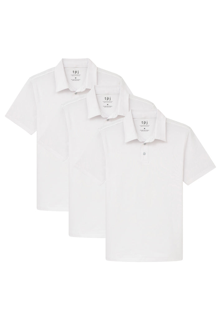 Three white polo shirts with short sleeves, collars, and button fronts, displayed overlapping.