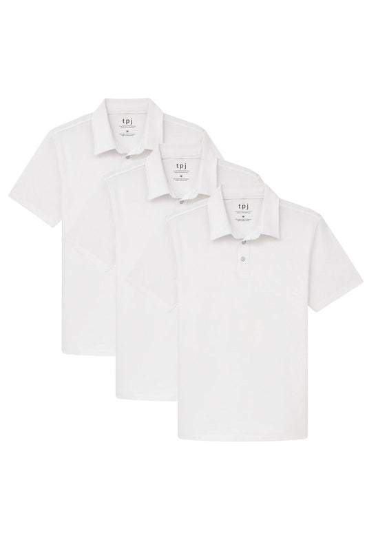 Three white polo shirts with short sleeves, collars, and button fronts, displayed overlapping.