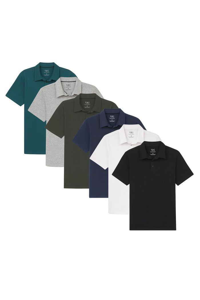 Six polo shirts in teal, gray, olive, navy, white, and black with short sleeves and collar.