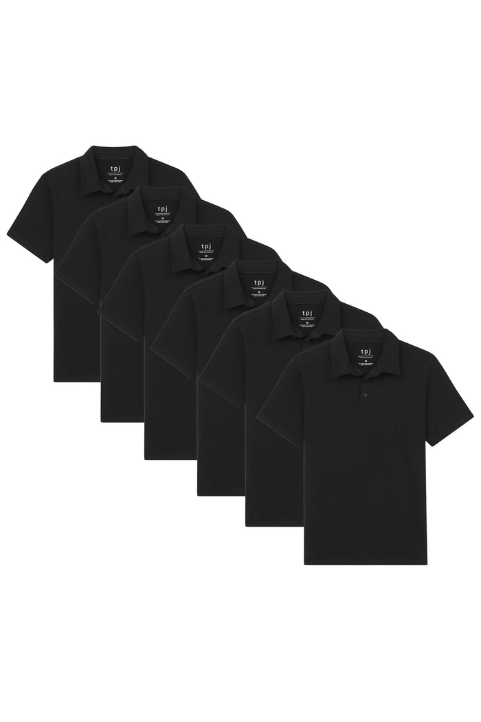 Six black polo shirts with short sleeves and collar, arranged in a cascading display.
