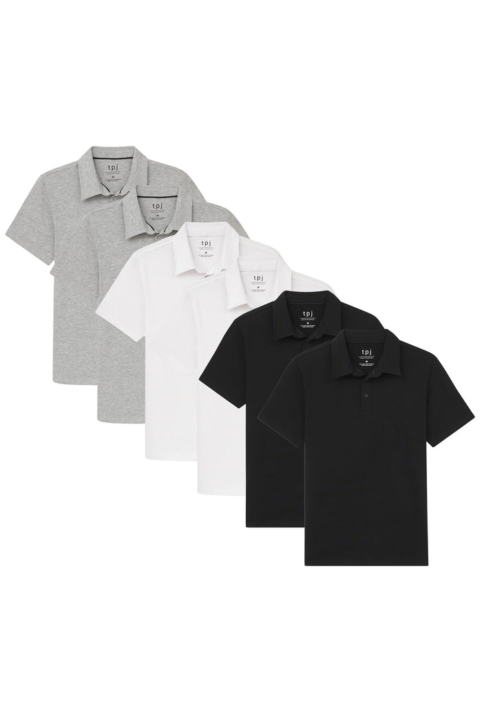 Six polo shirts in gray, white, and black with short sleeves and collared necklines arranged in overlapping rows.