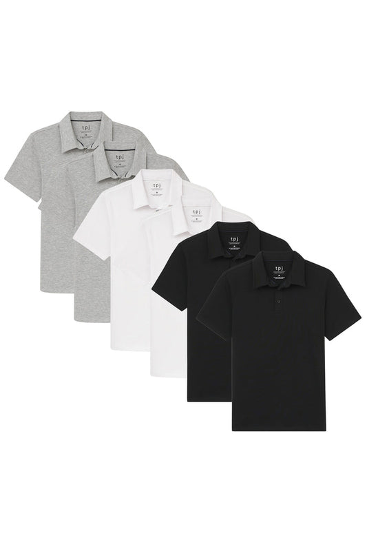 Six polo shirts in gray, white, and black with short sleeves and collared necklines arranged in overlapping rows.