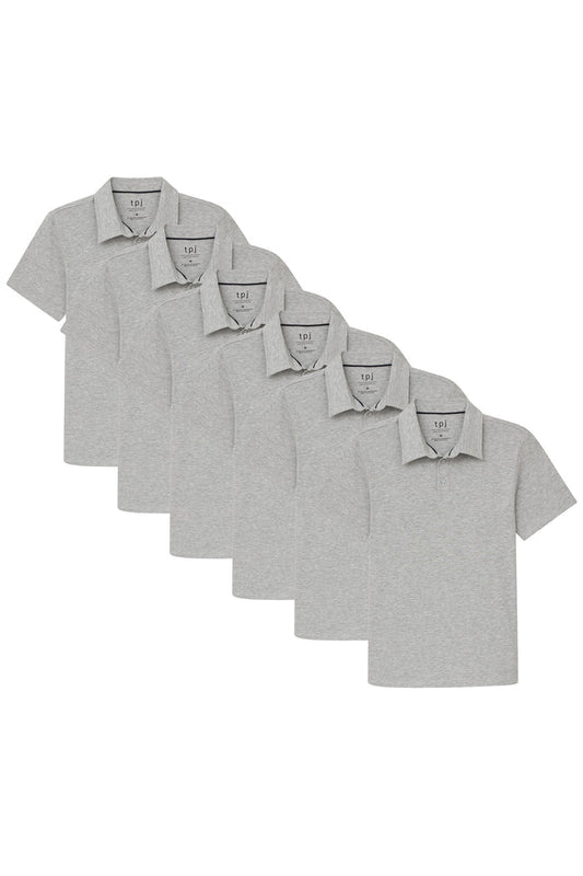 Six heather grey polo shirts with short sleeves and button-down collars, displayed in an overlapping arrangement.
