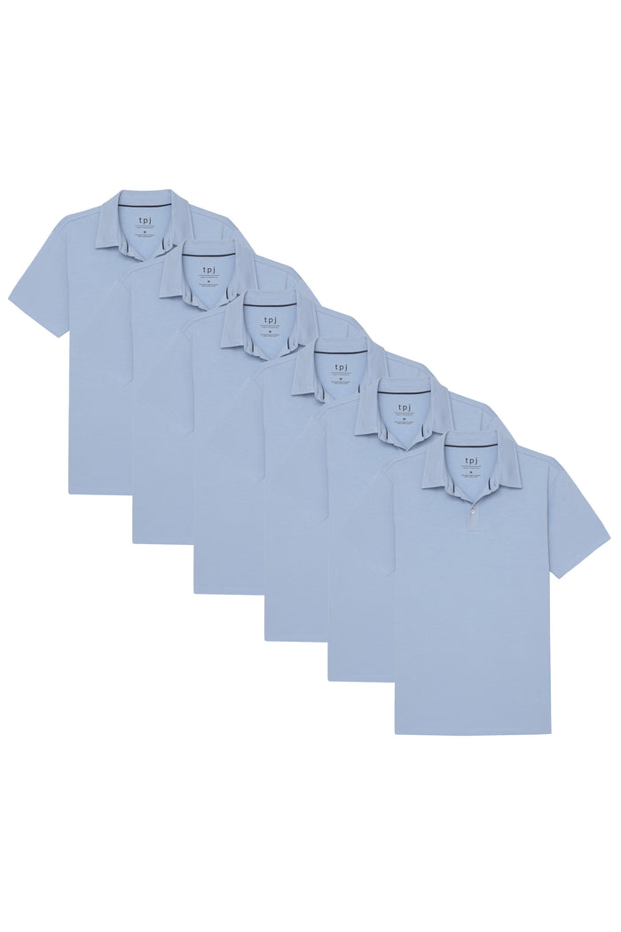 Six light blue polo shirts with short sleeves, collars, and chest pockets arranged in a cascading display.