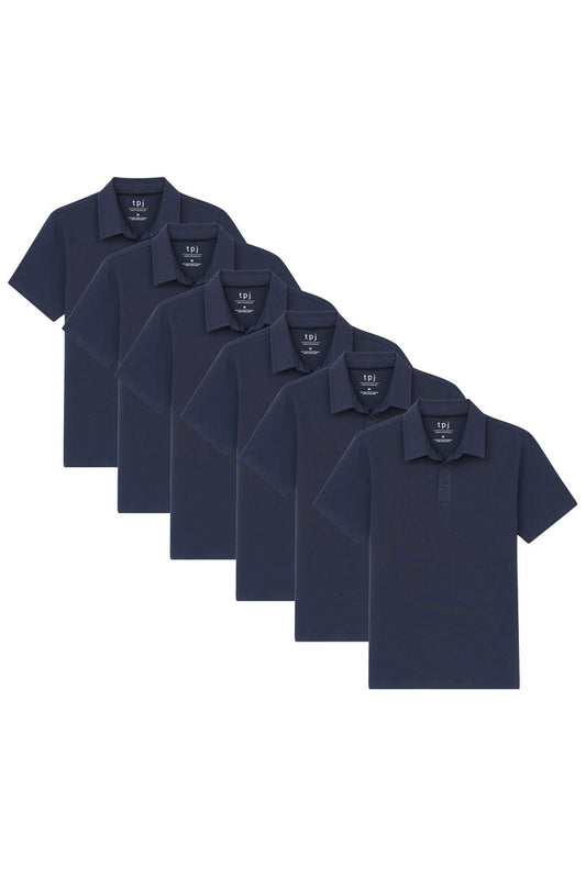 Six navy polo shirts with short sleeves and collars arranged in a cascading display.