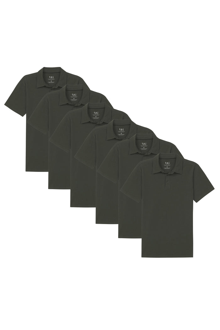 Six olive polo shirts with short sleeves and button fronts, displayed in an overlapping arrangement.