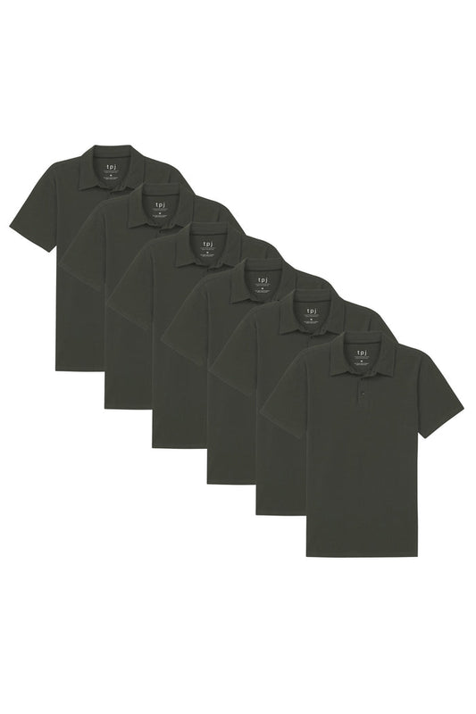 Six olive polo shirts with short sleeves and button fronts, displayed in an overlapping arrangement.