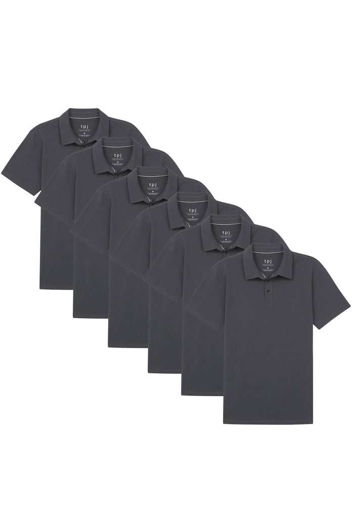 Six steel gray polo shirts with short sleeves and button plackets displayed in a overlapping arrangement.