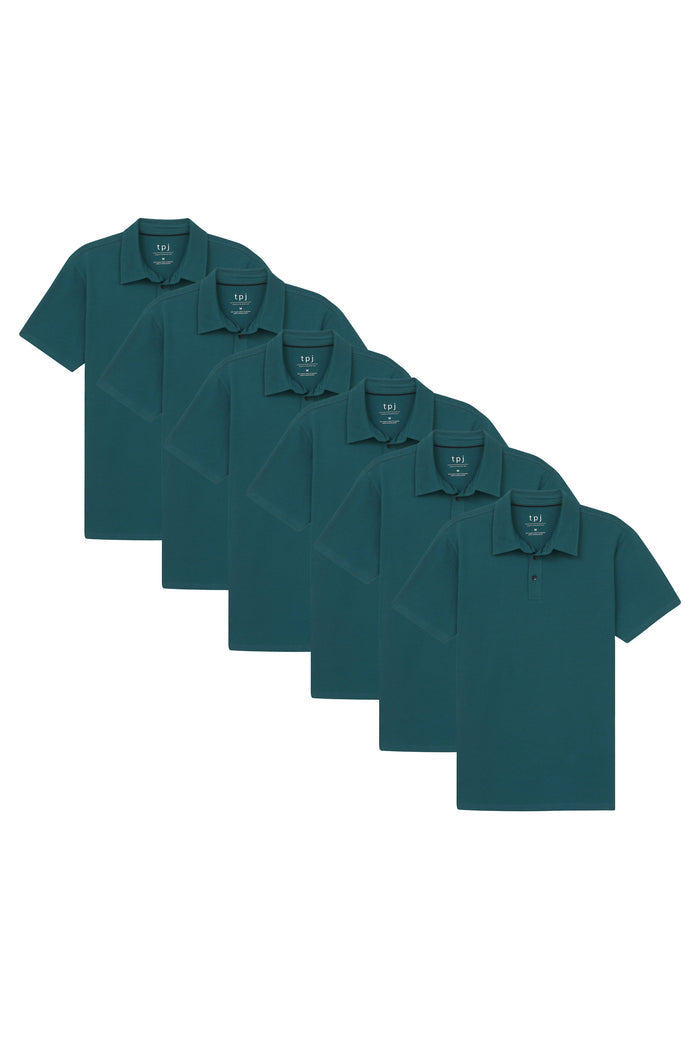 Six teal short-sleeve polo shirts with collars arranged in a cascading display.