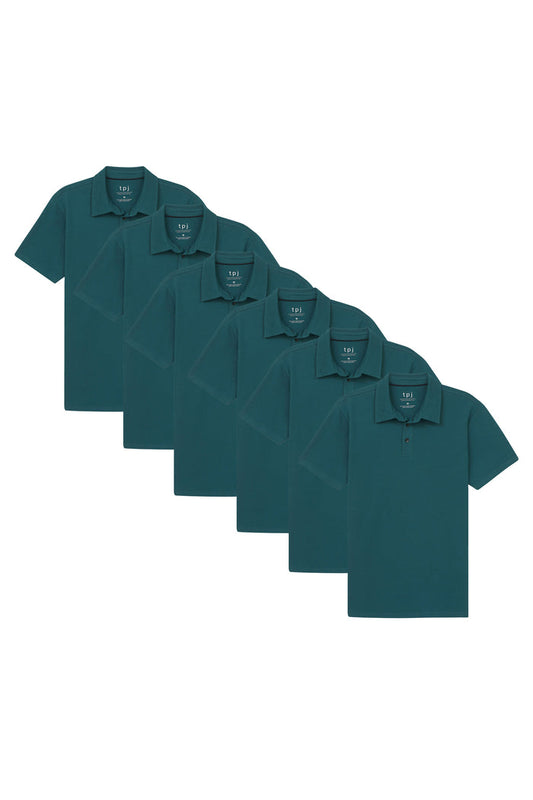 Six teal short-sleeve polo shirts with collars arranged in a cascading display.