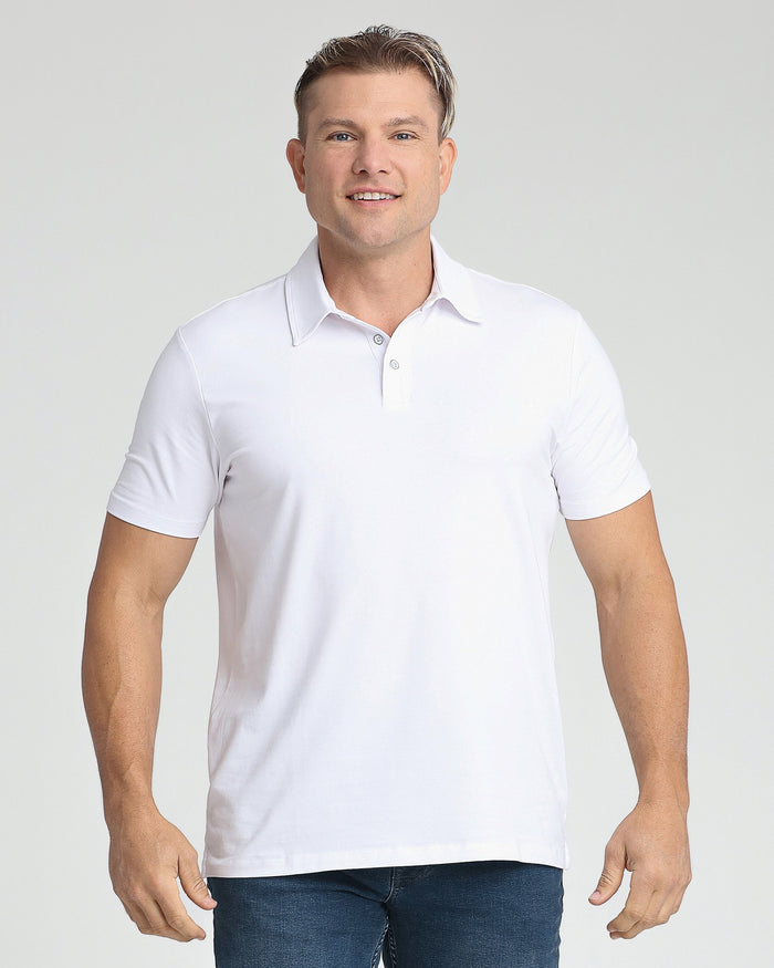 Man wearing white short-sleeve polo shirt with button placket and collar.