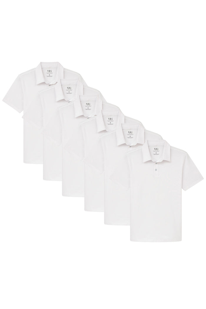 Six white polo shirts with collars and short sleeves, displayed in a cascading arrangement.